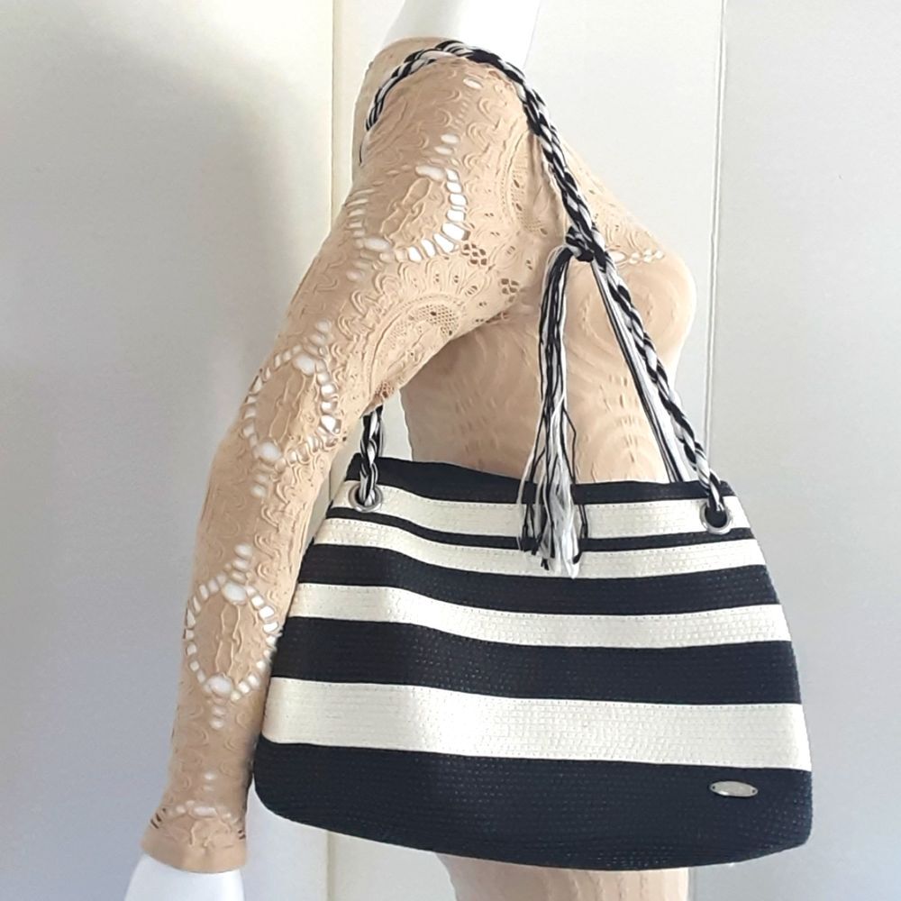 CAPPELLI Straworld Black | White 100% Toyo Straw Striped Shoulder Tote Bag